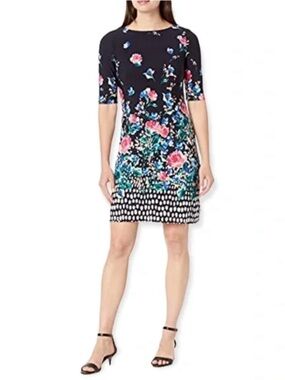 Eliza J Navy Floral Knee Length Dress Size 12 Elbow Sleeves Boatneck Office Work
